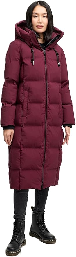 MARIKOO Dames winterjas (XS-6XL) - gewatteerd, afneembare capuchon, 6 zakken, geribbelde kraag - N079, Donkerblauw, S