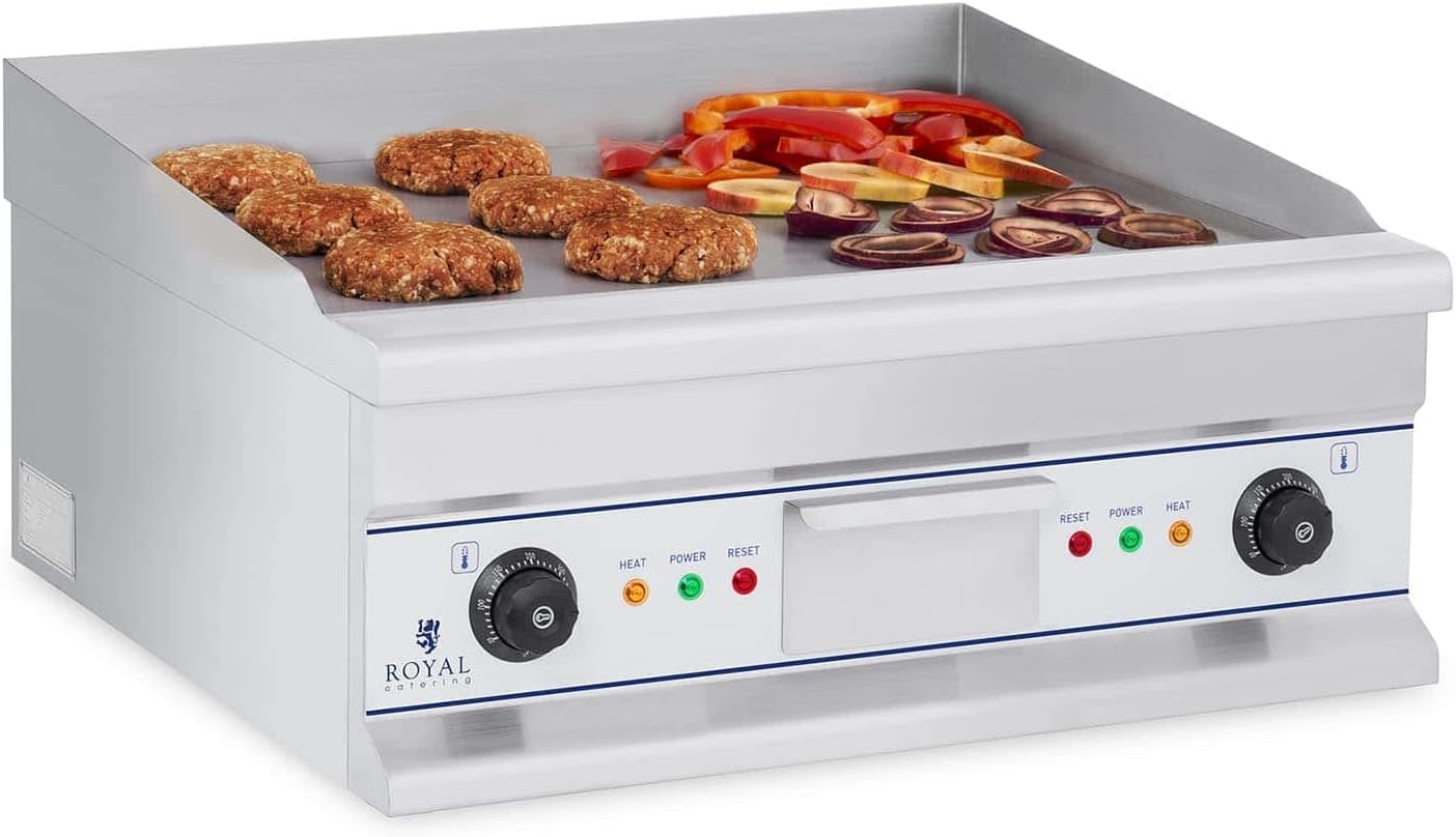 Royal Catering RCG 60S Plancha Grill Electrica Cocina Parrilla Electrica Industrial (2 x 3.750 W, 400 V, Longitud 54 cm, Superficie Lisa, Acero Inoxidable)