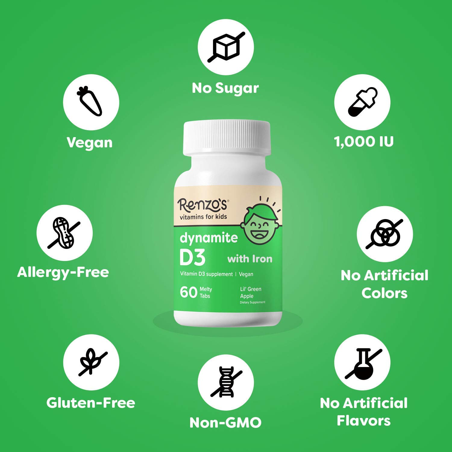 Renzo's Vitamin D3 for Kids Vegan Vitamin D for Kids with Zero Sugar