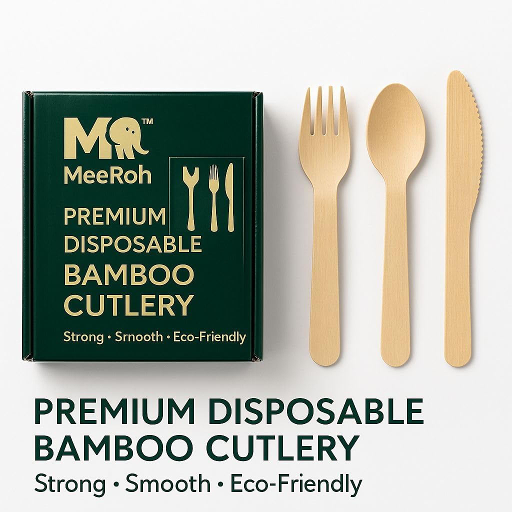 MeeRoh 100 Pcs 100% Eco-Friendly Bamboo Disposable Cutlery Set – Heavy Duty Wooden Utensil Set Alternative – Elegant Compostable Silverware – Biodegradable Tableware Forks Spoons Knives