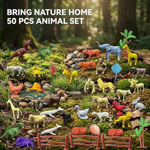 Image of ZESTHOME Kids Animal Toy Set with Farm, Wild, Sea, Bird & Dinosaur Figures | Mini Animal World Playset with Fences, Tree & Egg | Educational Pretend Play Toys for Boys & Girls 3+ | 50 Pieces
