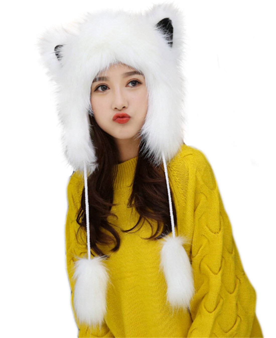 MioClothCute Warm Plush Furry Faux Fur Hood Hat Spirit Ears Wolf Bear Cat Halloween Costume Xmas Winter Hood
