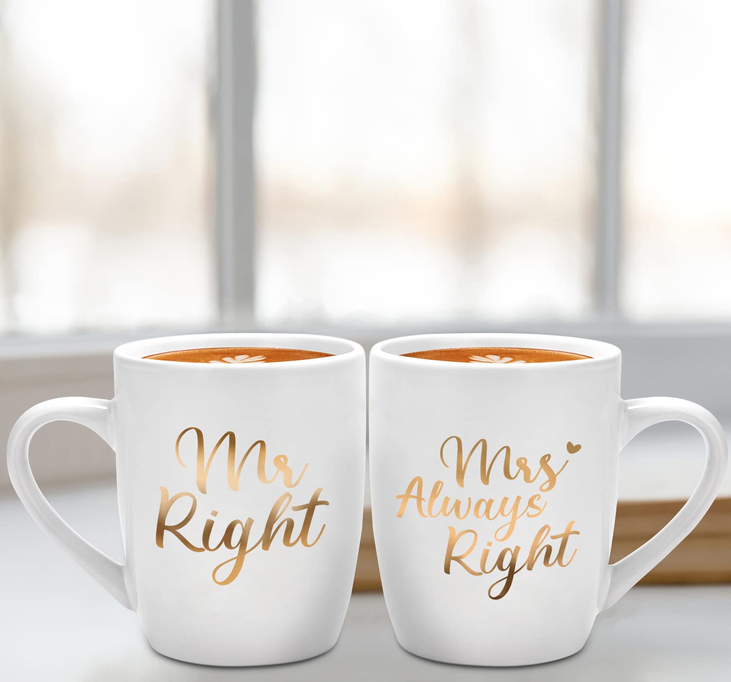 Mr Right und Mrs Always Right - Set di 2 tazze da caffè per sposi, regalo per matrimonio, San Valentino, Natale, anniversario, compleanno, 320 ml