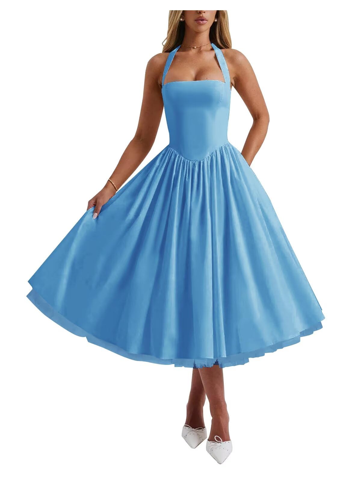 Zepumen Women’s Halter Satin Prom Dresses Tea Length Ball Gowns A-Line Formal Evening Party Gown