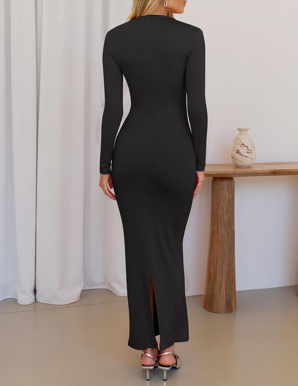 ZESICA Women's Fall 2026 Long Sleeve Bodycon Maxi Dresses Sexy Ruched Crew Neck Slim Fit Cocktail Party Dress - Image 4