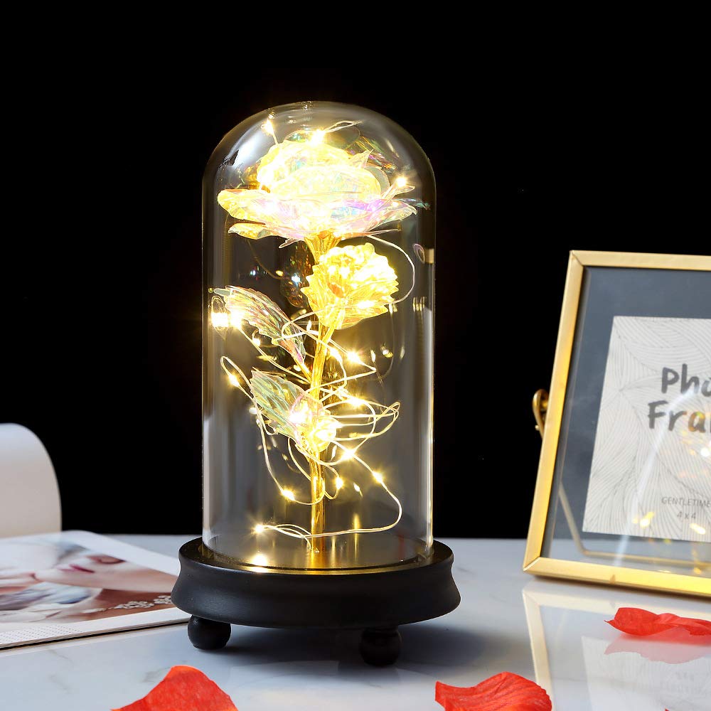 Rose dorée enchantée sous dôme verre guirlande lumineuse Saint-Valentin