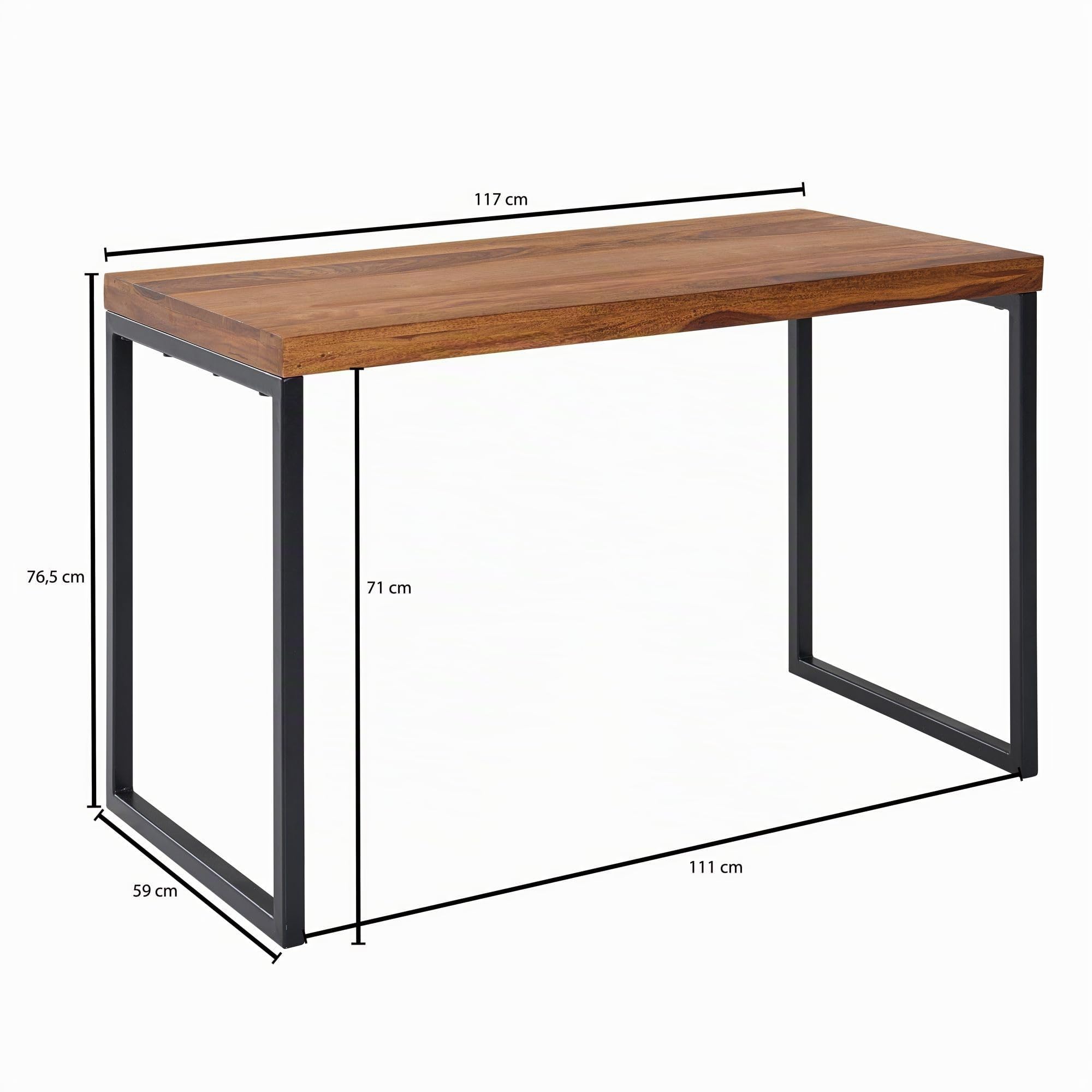 FineBuy Schreibtisch 117x59x76,5 cm Sheesham Massivholz Metall