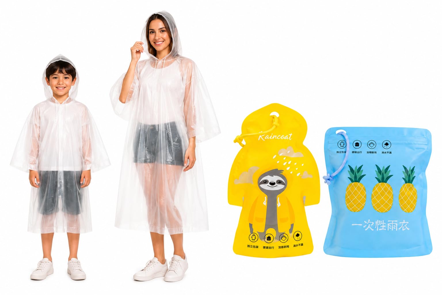 Polyethylene Raincoat Pack of 2 (Kids + Adult) | Waterproof Transparent Hooded Rain Poncho | Lightweight Portable Emergency Rain Coat for Travel, Camping, Outdoor Events & Daily Use-image-42