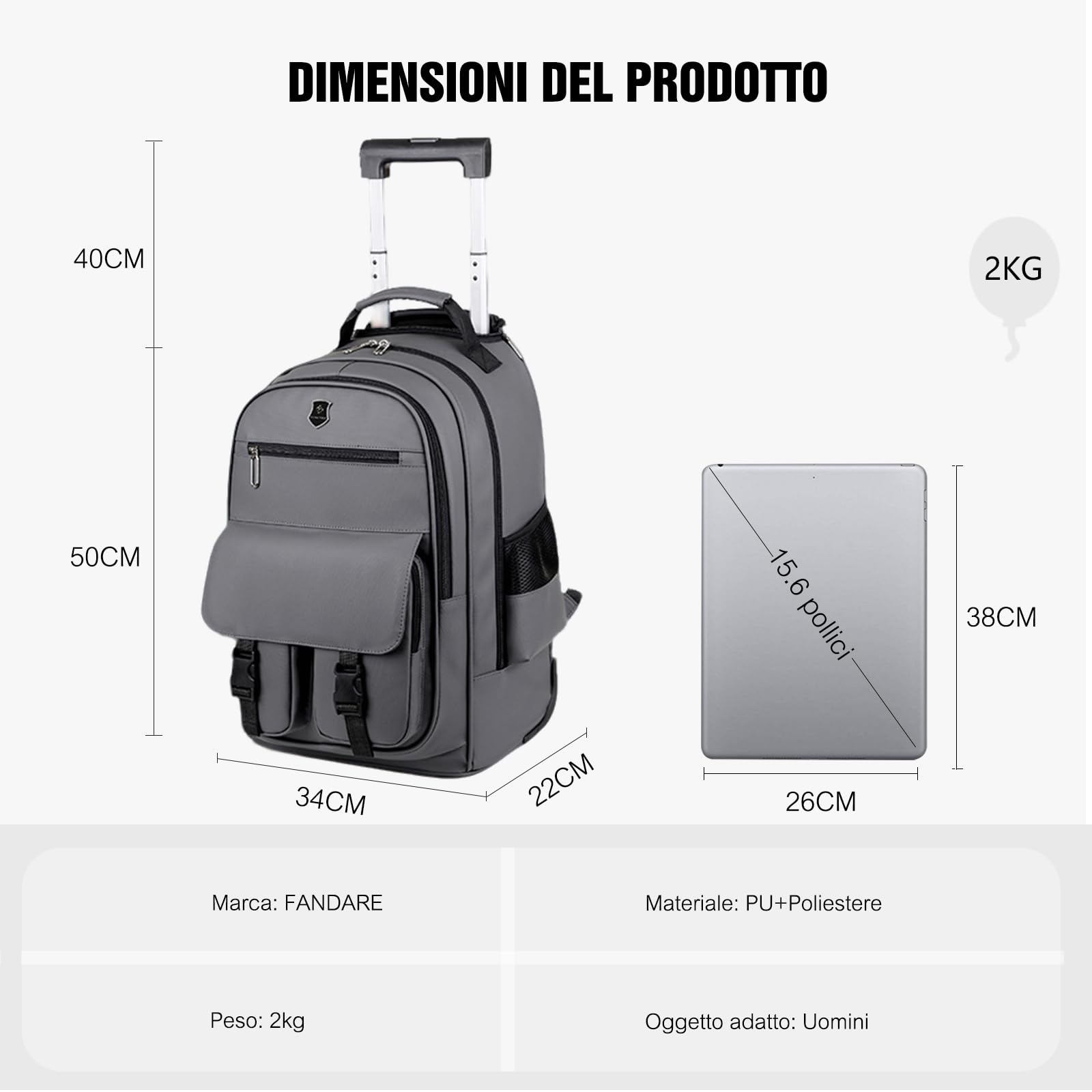 FANDARE Zaino Trolley per PC Portatile da 15.6 pollici Borsa per Insegnante con Ruote Uomo Rolling Rucksack Zainetto Pellicola in PU Zaini Borse da ufficio giorno Bagaglio a Mano Viaggio Affari