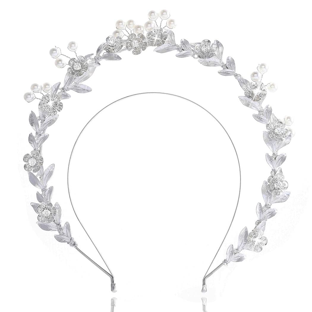 BarodeLeaf Crown Headband Silver Pearl Bride Wedding Tiaras Rhinestone Layered Headpiece Flower Bridal Princess Angel Prom Headwear for Women