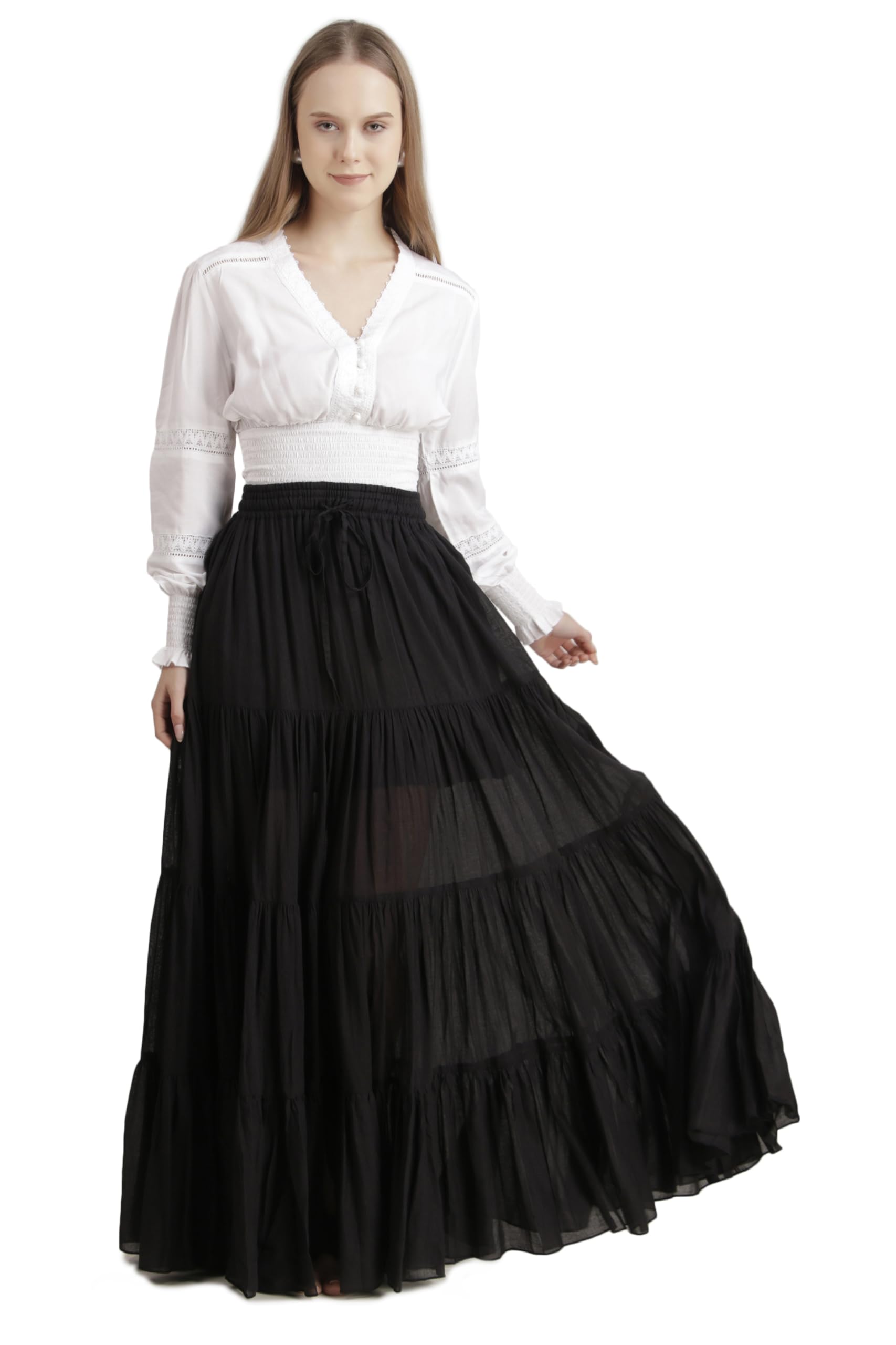 BoheeWohee Women's Cotton Gypsy Belly Dance 4-Tiered A-Line Pleated Maxi Long Boho Tribal Skirt