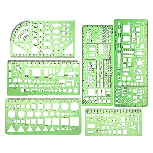 KOSHIFU 6 Piezas Plantillas de Medición de Dibujo Plastico con Círculos Ovalados y Curva - Plantilla de Reglas Geométricas Verdes para Medir - Suministros de Oficina y Escuela