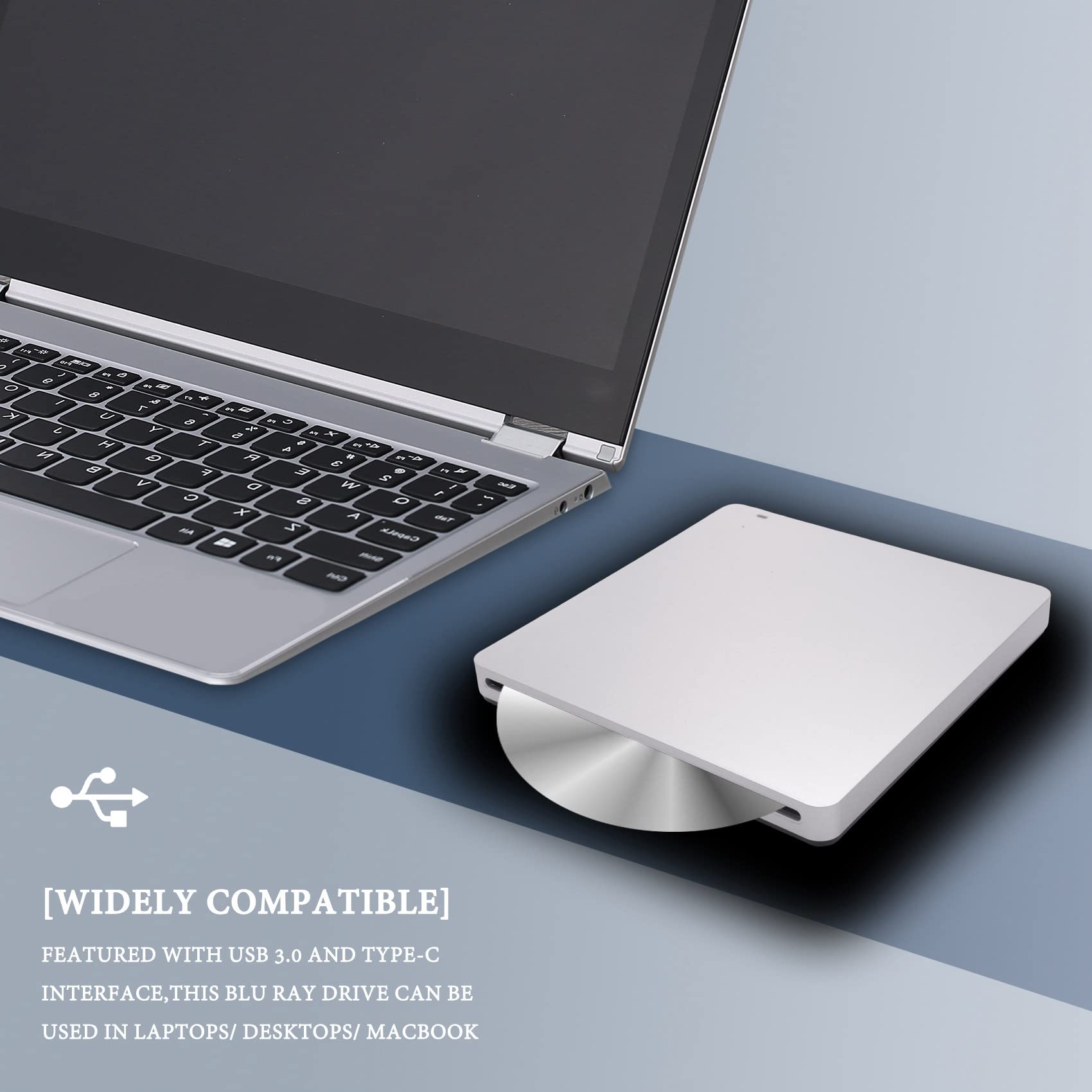 Lecteur de DVD Blu-Ray 3D Externe, USB 3.0 et Lecteur de CD-DVD Blu-Ray de Type C Graveur de CD DVD Ultra-Plat Encastrable
