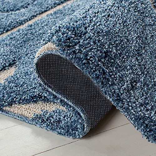 Image of Grand Swirl Premium Shaggy Rectangular Carpet For Living Room,Bedroom,High Low Design Finish Microfiber 1.8 Inch Pile High,6X9 Feet Royal Blue|Cream Color