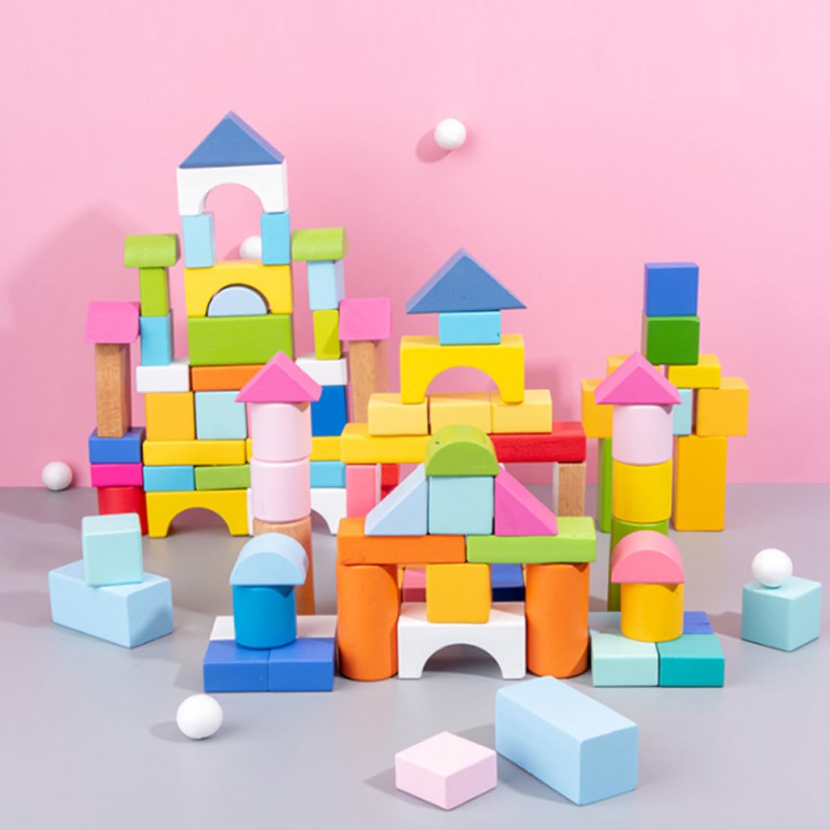 Veemoon 100 Blocchi Geometrici Impilabili in Legno, Giocattolo Educativo per Bambini, Set di Mattoncini per Ragazzo e Ragazza