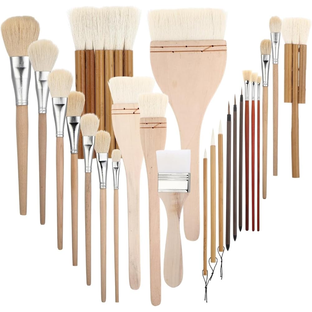 Jnchdghwa 24 Pcs Pottery Brushes for Glazing with Long Handle Different Shapes Wool Soft Bristle Paintbrush Tool for Pottery