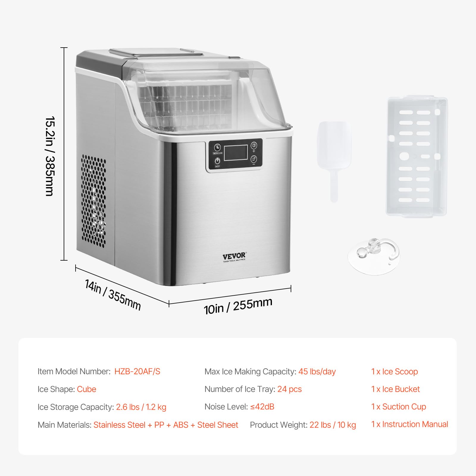 VEVOR Macchina per il ghiaccio da appoggio, 24 cubi in 15 minuti, 20,4 kg in 24 ore, autopulente, portatile, con paletta e cestino