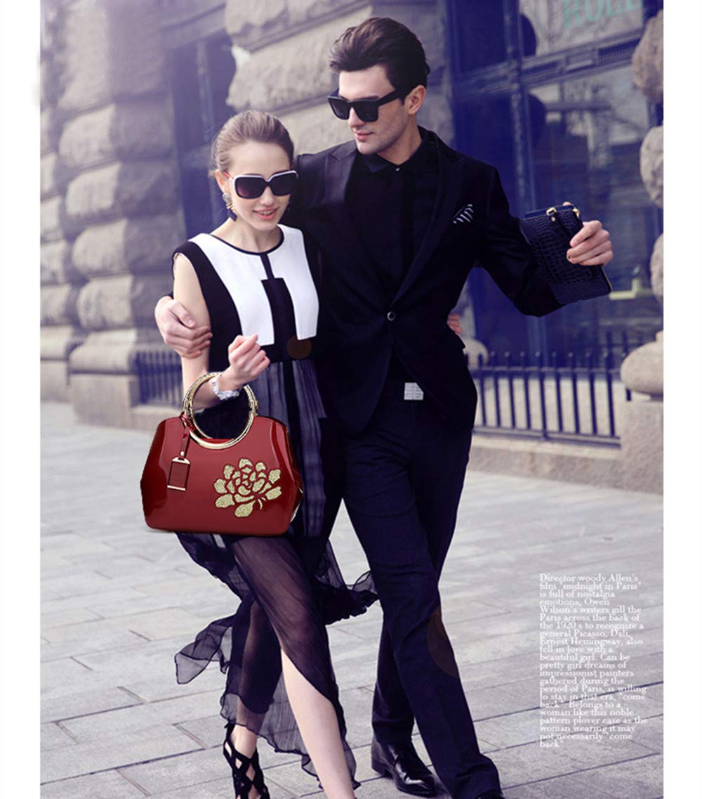 Borsa da donna, Borsa in pelle verniciata, Elegante borsa con manico superiore Ricamo di fiori Borsa a tracolla moda a tracolla per la festa serale, Matrimonio, lavoro