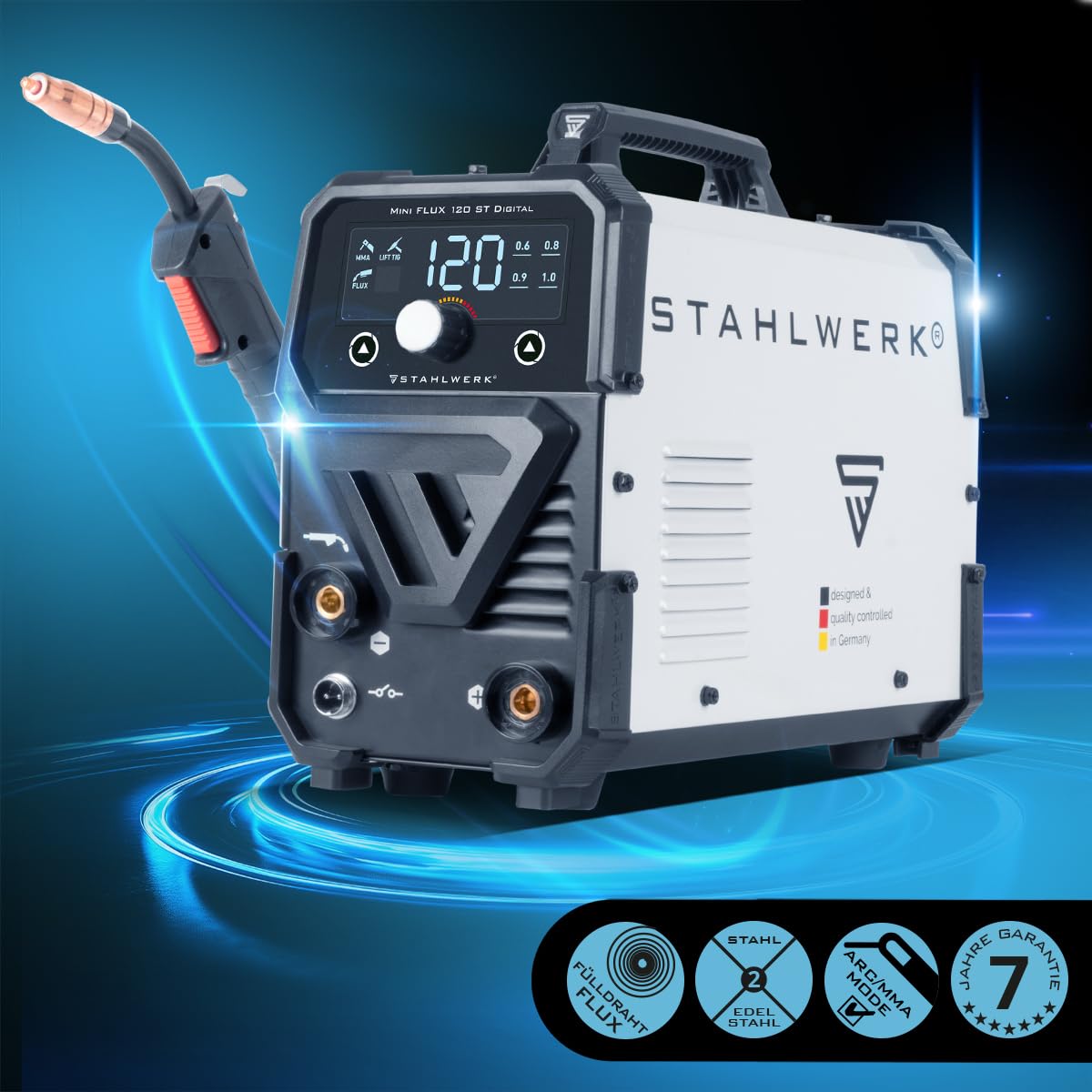 STAHLWERK Schweißgerät Mini FLUX 120 ST Digital – Vollausstattung – Fülldrahtschweißen (FLUX) ohne Schutzgas bis 120 A, synergischer Drahtvorschub, LED-Licht, Lift-TIG- & MMA-Funktion (E-Hand/ARC)