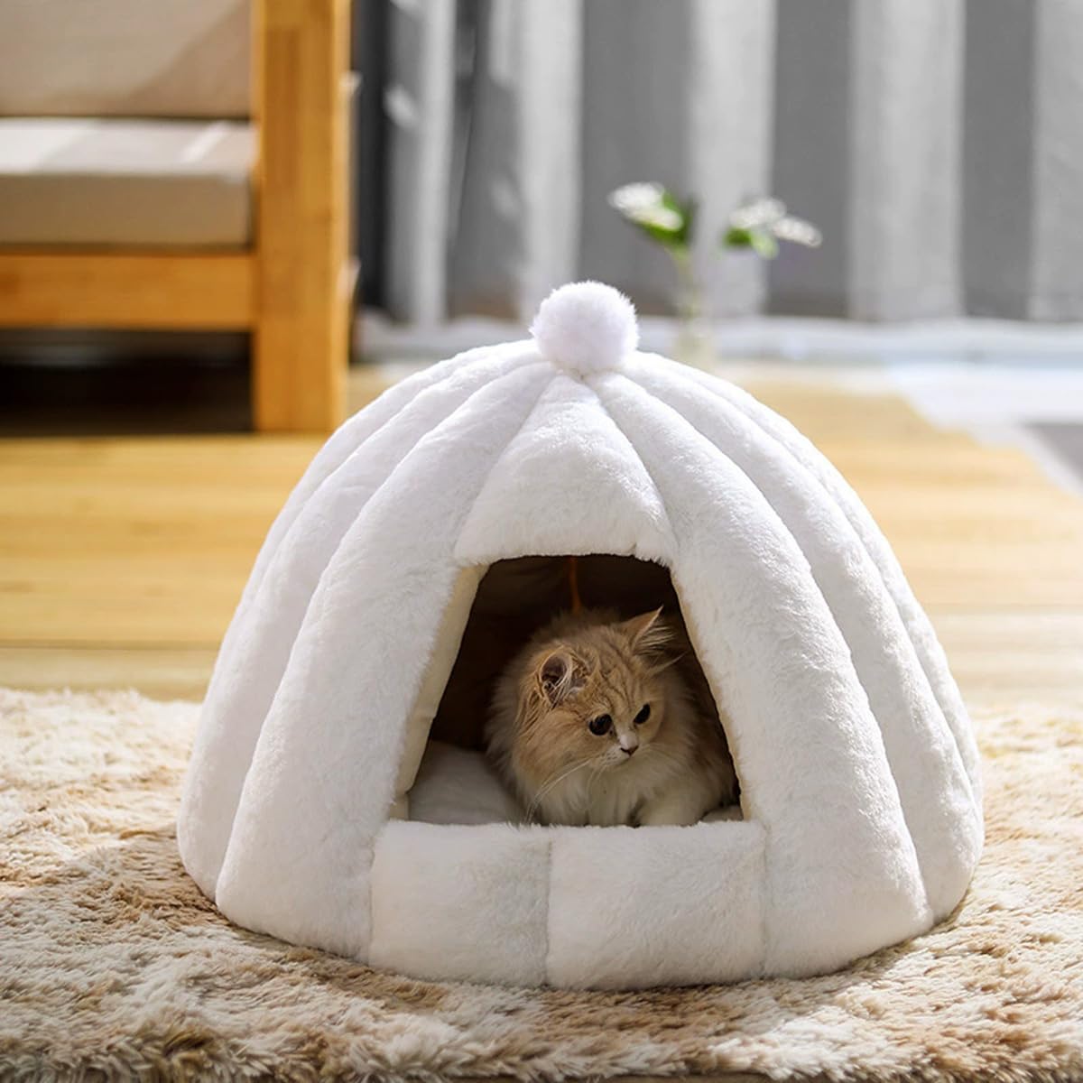 Cat Dog Cave Bed, Portable Pet Igloo Puppy Kitten Tent House with Removable Washable Cushion, Semi-closed Small Medium Cats Bed Warm Kennel (White,L-56x48cm)
