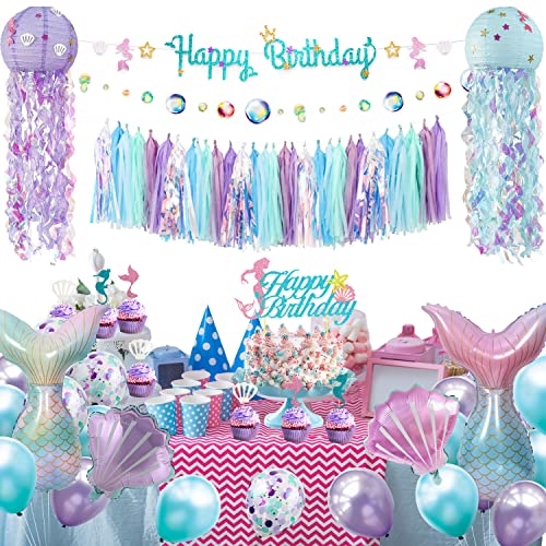 Mermaid Birthday Party Decorations Supplies Banner Tassel Garland Bubble Garland Hanging Jelly Fish Paper Lanterns Balloons Cake Topper Mermaid Happy Birthday Decorations for Women by Family Pro - Used condition - Image 6