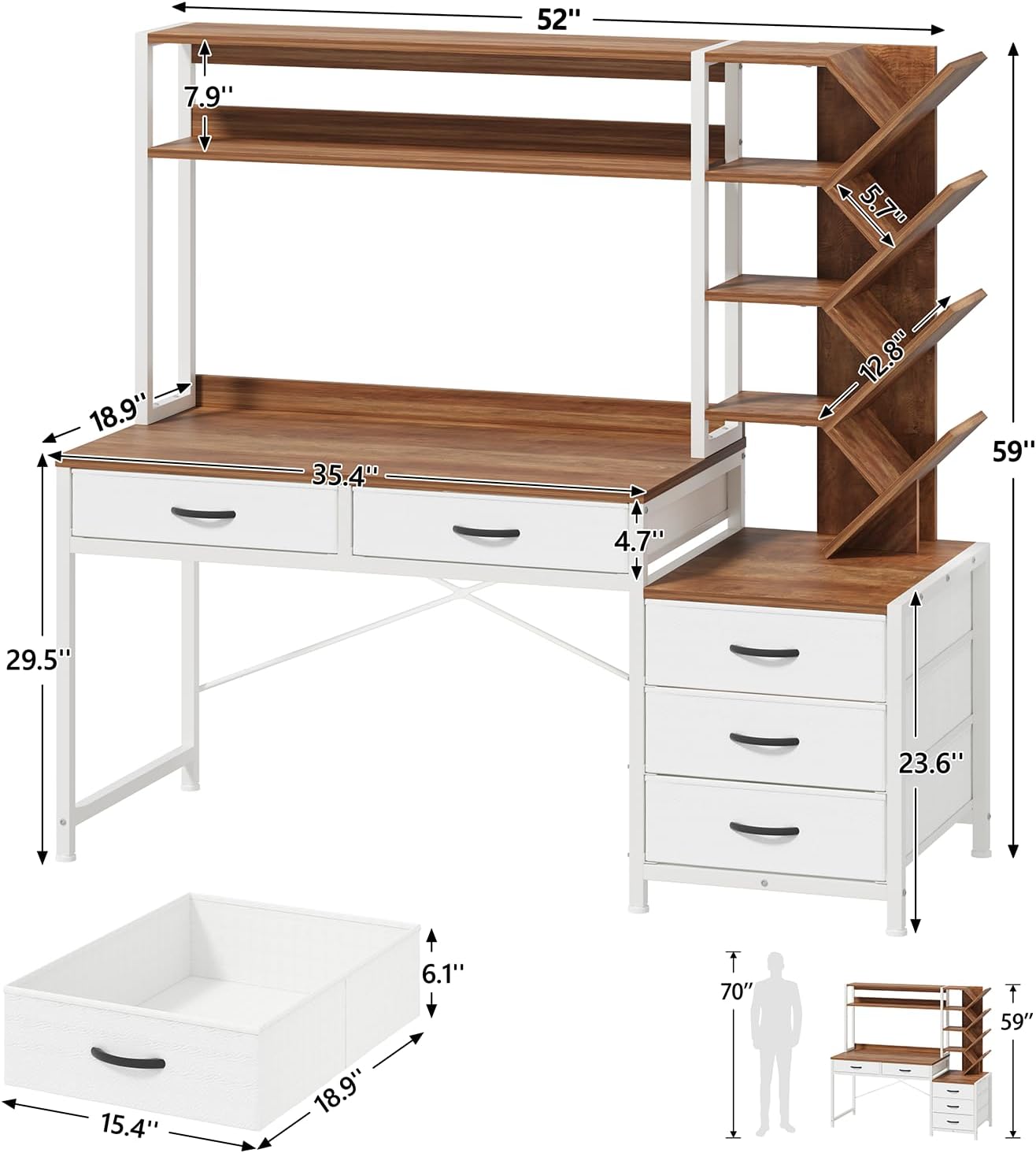 YOMILUVE Reversible Computer Desk with Hutch, Home Office Desk with 5 Drawers and Bookshelf, 52'' Study Writing Desk with Storage Shelves for Bedroom Home Office, Brown and White