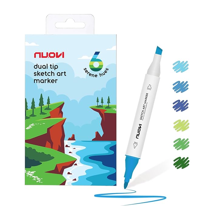Serene Hue Sketch Art Markers 6 Shades | Super Blendable Alcohol Based Ink, Smudge Free Colors | Dual Tip Fine & Chisel Tip Markers for Drawing, Colouring & Sketching