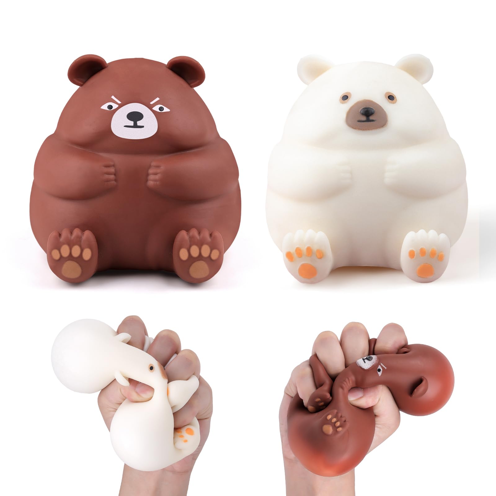Anboor 2 PCS Stretchy Bear Stress Ball, Sensory Simulation Fidget Toy for Kids and Adults (White & Brown)