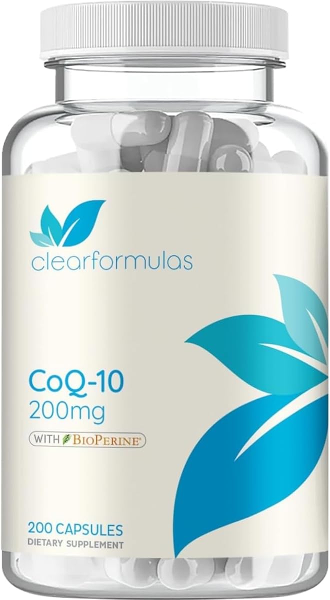 Clear Formulas CoQ10 200mg with BioPerine - Enhanced Absorption Coenzyme Q10 200mg Potent Antioxidant for Heart Energy and Aging Support - High Stability CoQ10 Ubiquinone Caps - Made in a cGMP US Lab (200 Servings)