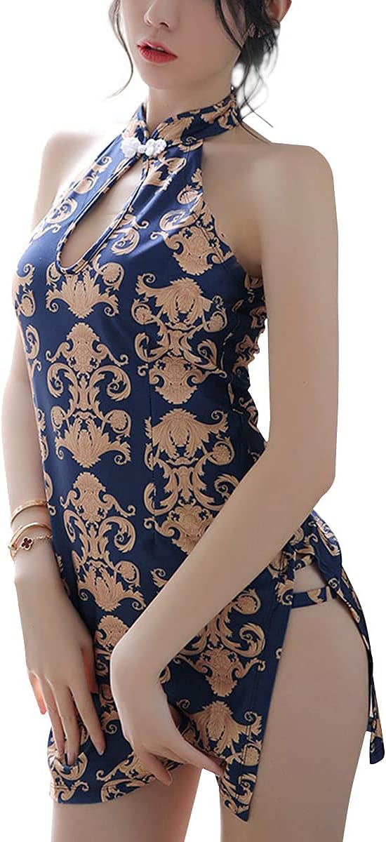 Women Sexy Cheongsam Dress Satin Chinese Qipao Traditional Style Split Short Dress Lady Tight Floral Wedding Dress Uniform (Blue, m)