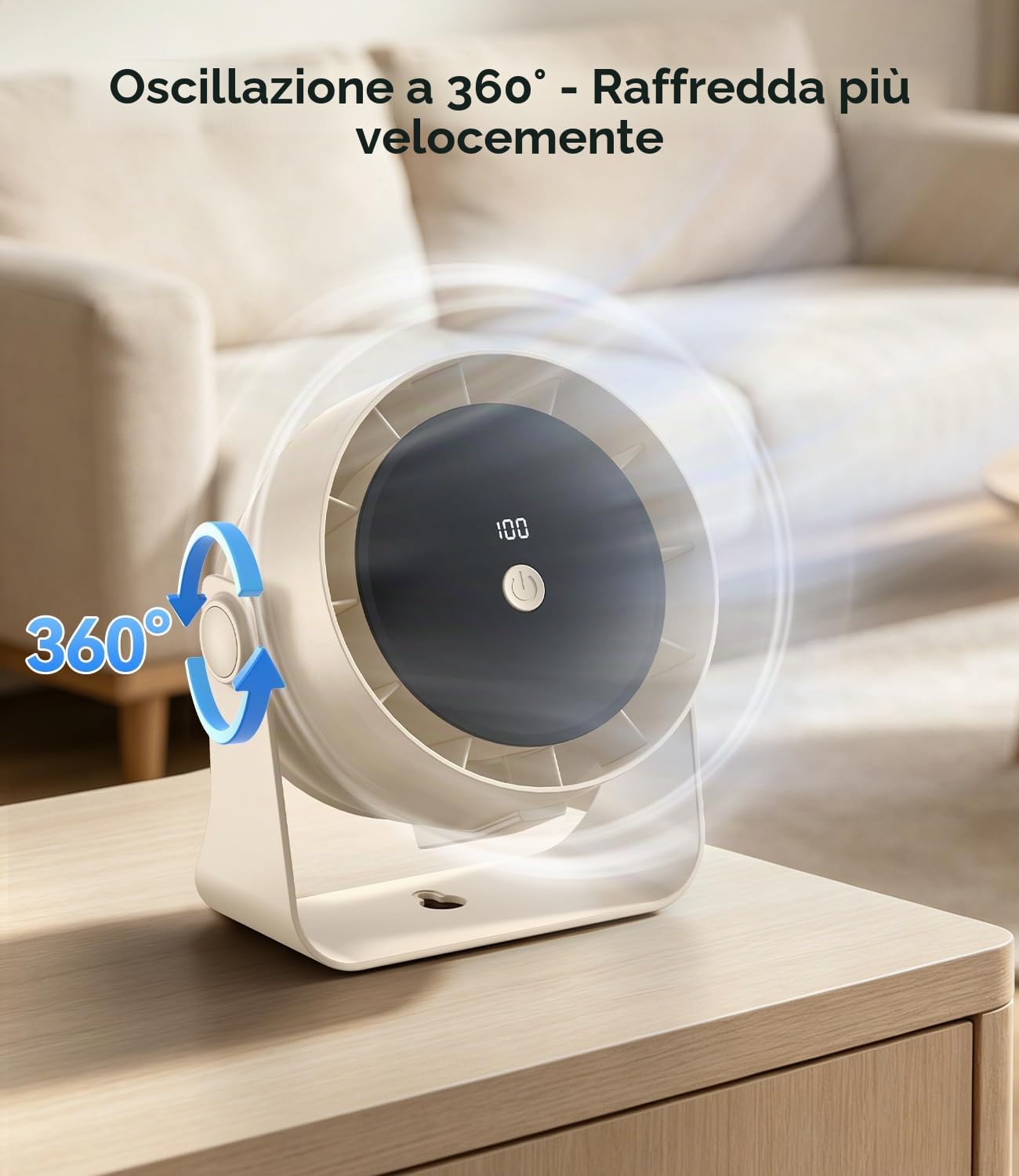 Ventilatore da Tavolo Portatile 4000mAh, 1-100 Velocità con LED Display, Silenzioso 30dB, 360° Regolabile, USB Type-C Ricaricabile – Per Ufficio, Camera, Campeggio, Sospendibile (Beige)
