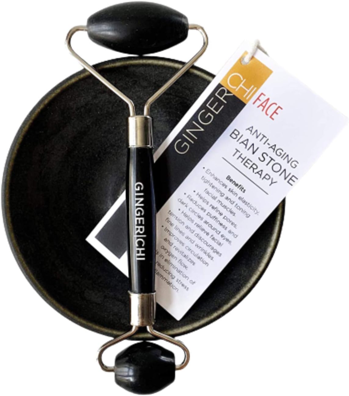 Ginger Chi Bian Stone Roller for Face- Anti Aging, Wrinkles Free, Eye, Neck & Body Roller for Lymphatic Massage, Eye Puffiness Treatment- Enhances Skin Elasticity & Toning Facial Muscles