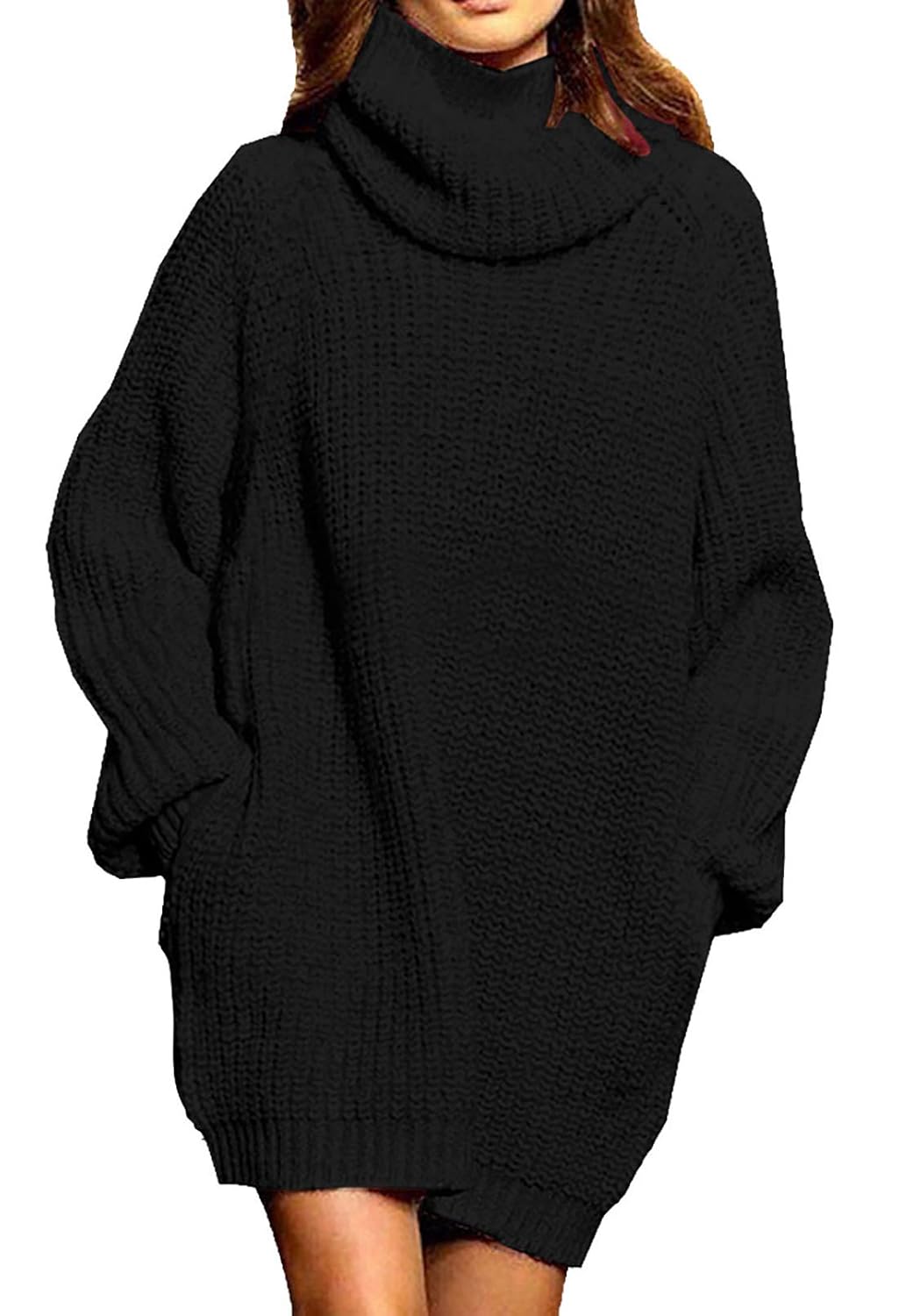 Pink Queen Womens Loose Turtleneck Oversize Long Pullover Sweater Dress