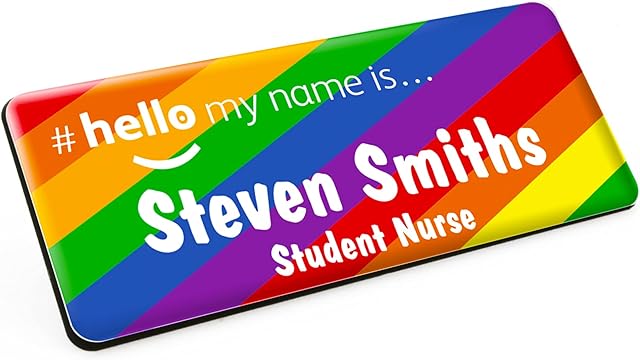 Diagonal Stripes Rainbow Hello My Name is Durable Personalised Name Badges Magnet White Black 76 x 32mm