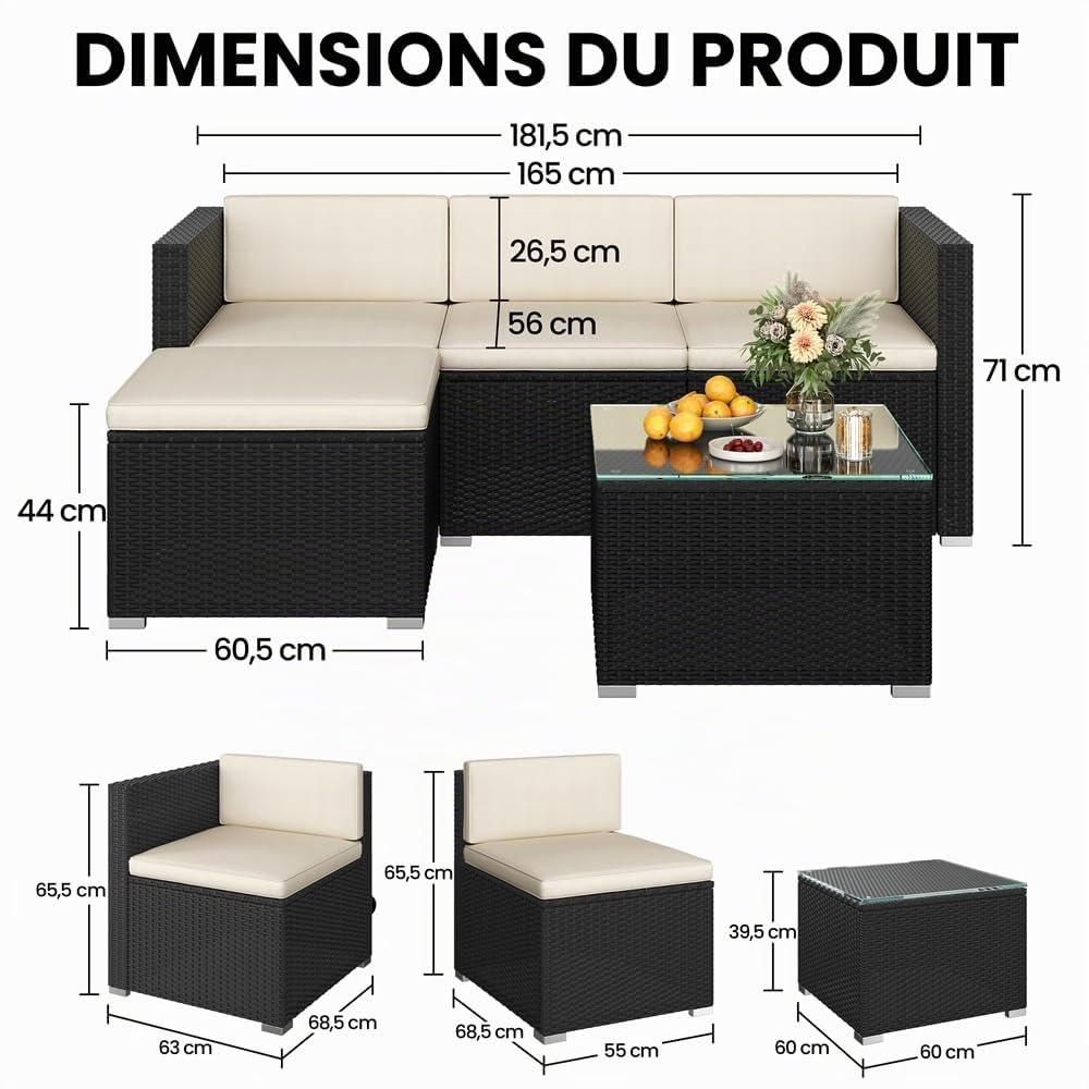 Yaheetech Salon de Jardin Exterieur 4 Personnes en Polyrotin Ensemble Mobilier de Jardin 5 Pièces avec 3 Canapé Modulables 1 Table Basse 1 Ottomane pour Balcon Bistro Patio Terrasse Noir/Beige