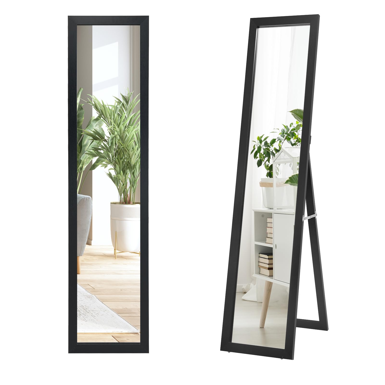 HOMASIS Espejo de pie de pared, espejo de suelo de cuerpo entero, espejo rectangular para colgar con marco de madera, espejo para salón, dormitorio, 37 x 50 x 148 cm (negro)