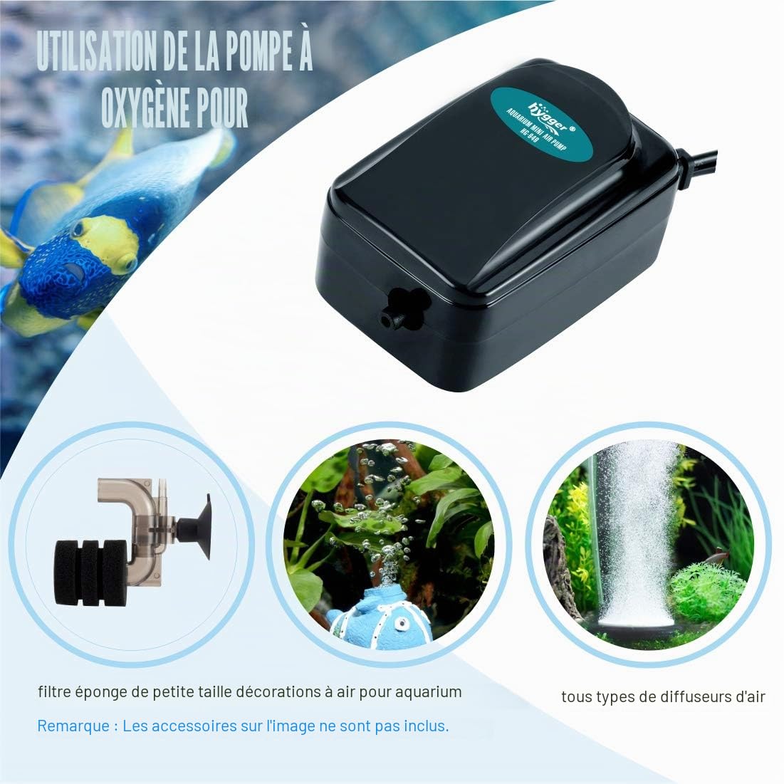 hygger Pompe à Air Aquarium, Mini Pompe à Air Aquarium Très Silencieuse Réglable Pompe à Oxygène pour Bol de Poisson de 1 à 75 litres avec Tuyau d'air, Pierre à Gazéifier Et Valve Anti Retour (1 W)