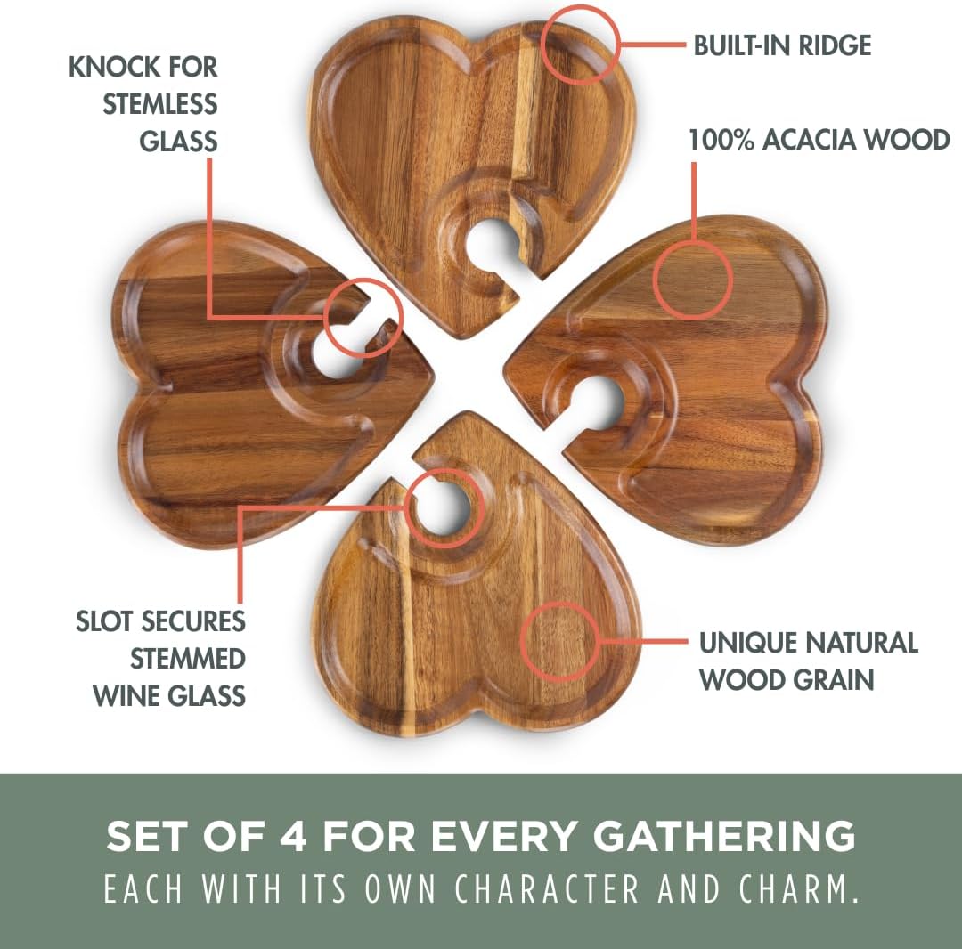 PICNIC TIME Heart Wine Appetizer Plates, Set of 4 Wooden Cocktail Plates with Glass Holder, Mini Charcuterie Boards for Wine and Cheese Parties, Acacia Cheese Board Serving Trays (Acacia Wood)