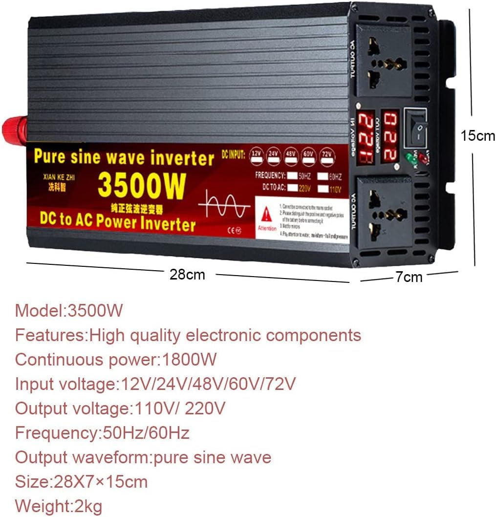 Onda Sinusoidal Pura Inversor 3500W 4000W 5000W 5500W Convertidor de Voltaje 12V 24V 48V 60V 72V a 220V Inversor de Corriente AC Power Inverter Transformador de Voltaje para Coche (12V,5500W)