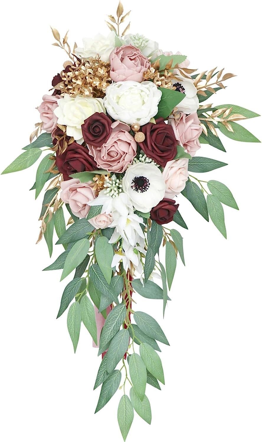 Bukiet kwiatów 9" Dusty Rose Cascading Bridal dla Panny Młodej, sztuczne jedwabne róże, rustykalny wystrój boho ceremonii