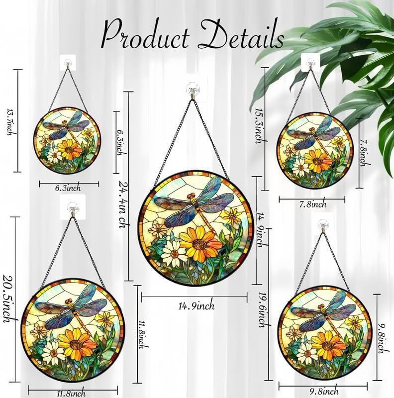 Dragonfly Stained Glass Suncatcher Round Window Hanging Sun Catcher Panel with Wildflowers Colorful Acrylic Window Decor for Home Kitchen Living Room Gift
