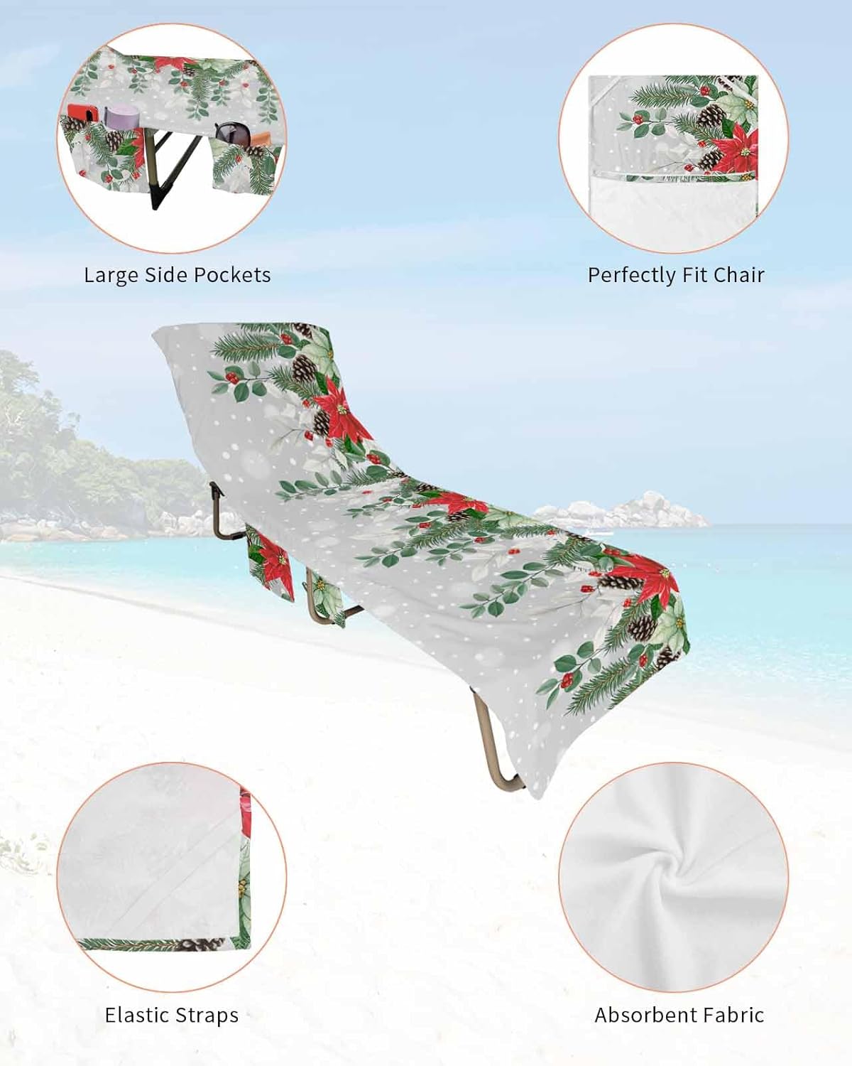 Christmas Beach Pool Patio Lounge Chaise Chair Cover Towel With Pockets,Absorbent & Quick Dry Microfiber Towel Cover Bag Summer Accessories for Sunbathing Winter Snowy Xmas Poinsettia Eucalyptus Grey