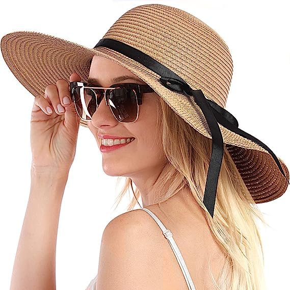 BananaHomeWomens Wide Brim Straw Hat Big Floppy Foldable Roll up Cap Summer Beach Sun Hat Vacation UPF 50+