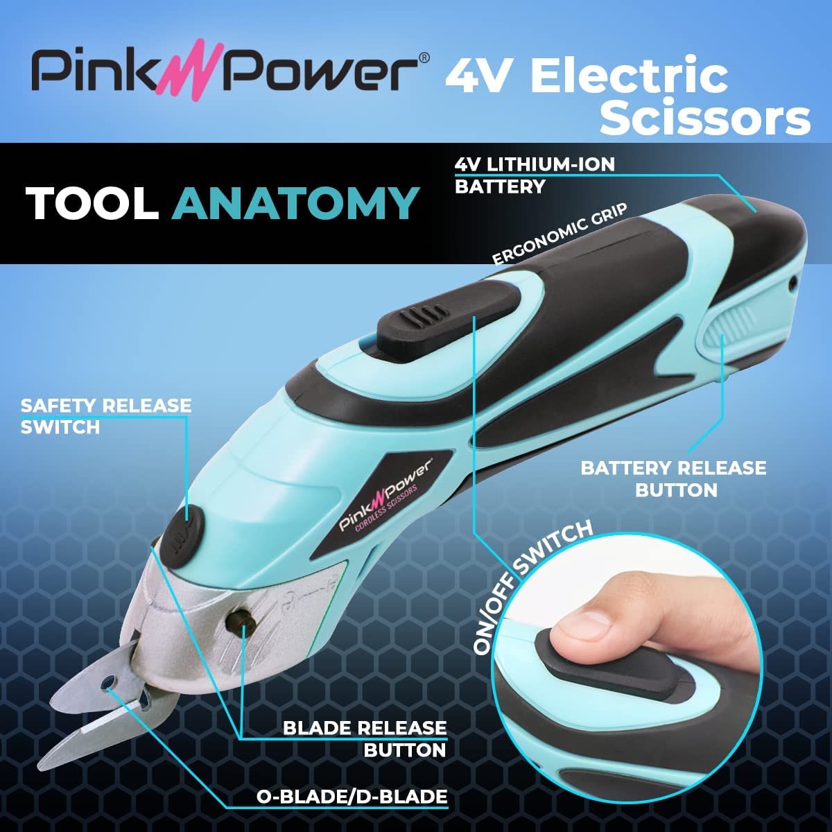 Pink Power Tijeras eléctricas de tela para manualidades, costura, cartón, alfombras y álbumes de recortes, herramienta de corte profesional resistente, tijeras eléctricas inalámbricas automáticas Aqua