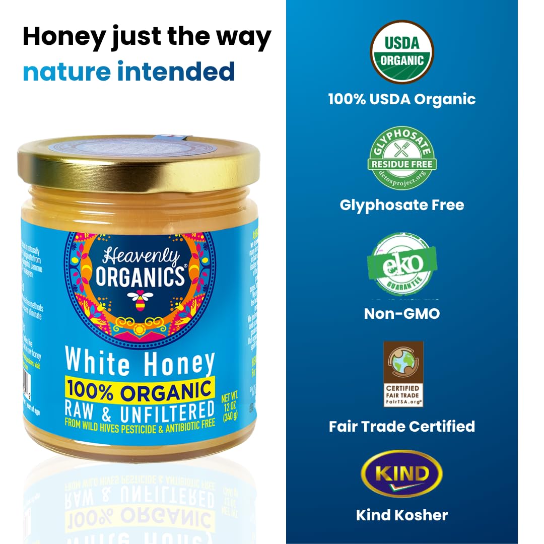 Heavenly Organics Raw White Honey, 100% Organic | Unheated, Lightly Filtered Creamy Honey | Smooth Velvety Texture | Sustainably Sourced from Wild Beehives | Dairy Free, Gluten Free, Glyphosate Free | 12 oz (1 Pack) image 2