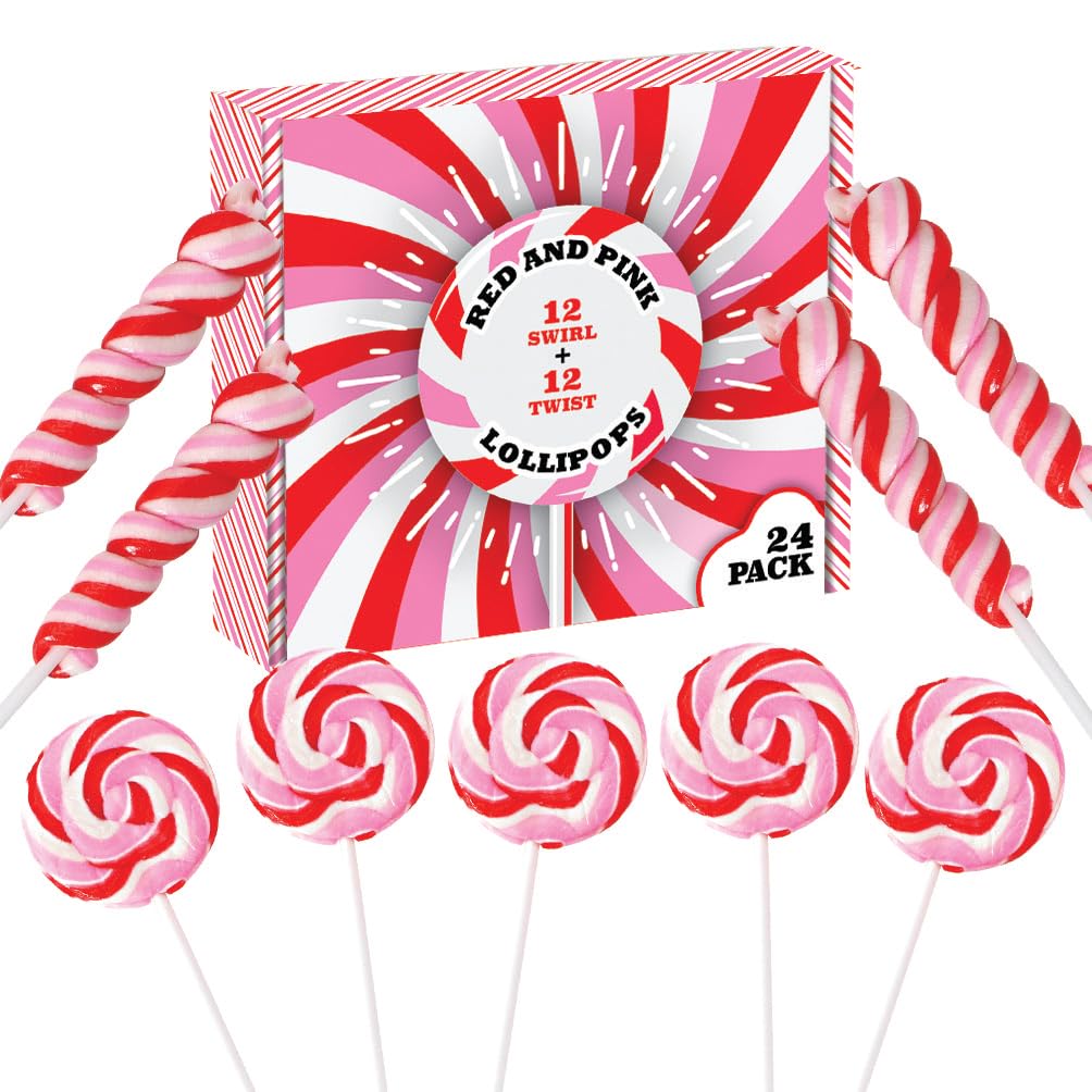 24 Red, Pink and White Lollipops Individually Wrapped - 18g Swirl and 12g Twisty Suckers