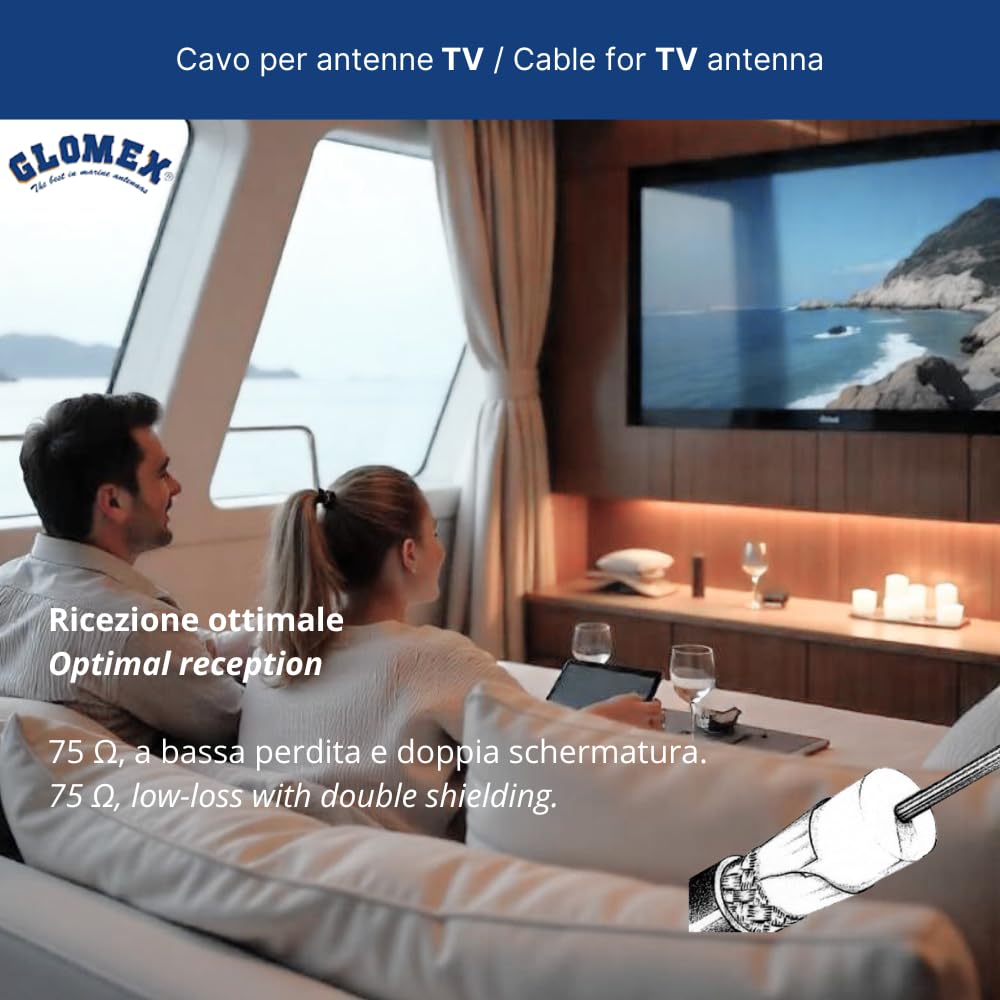 Glomex – Câble coaxial TV faible perte 75 ohms 30m, modèle V9139/30 – Double blindage, haute qualité marine, pour voiliers, moteur, bateaux pneumatiques, yachts – Transmission de signal stable