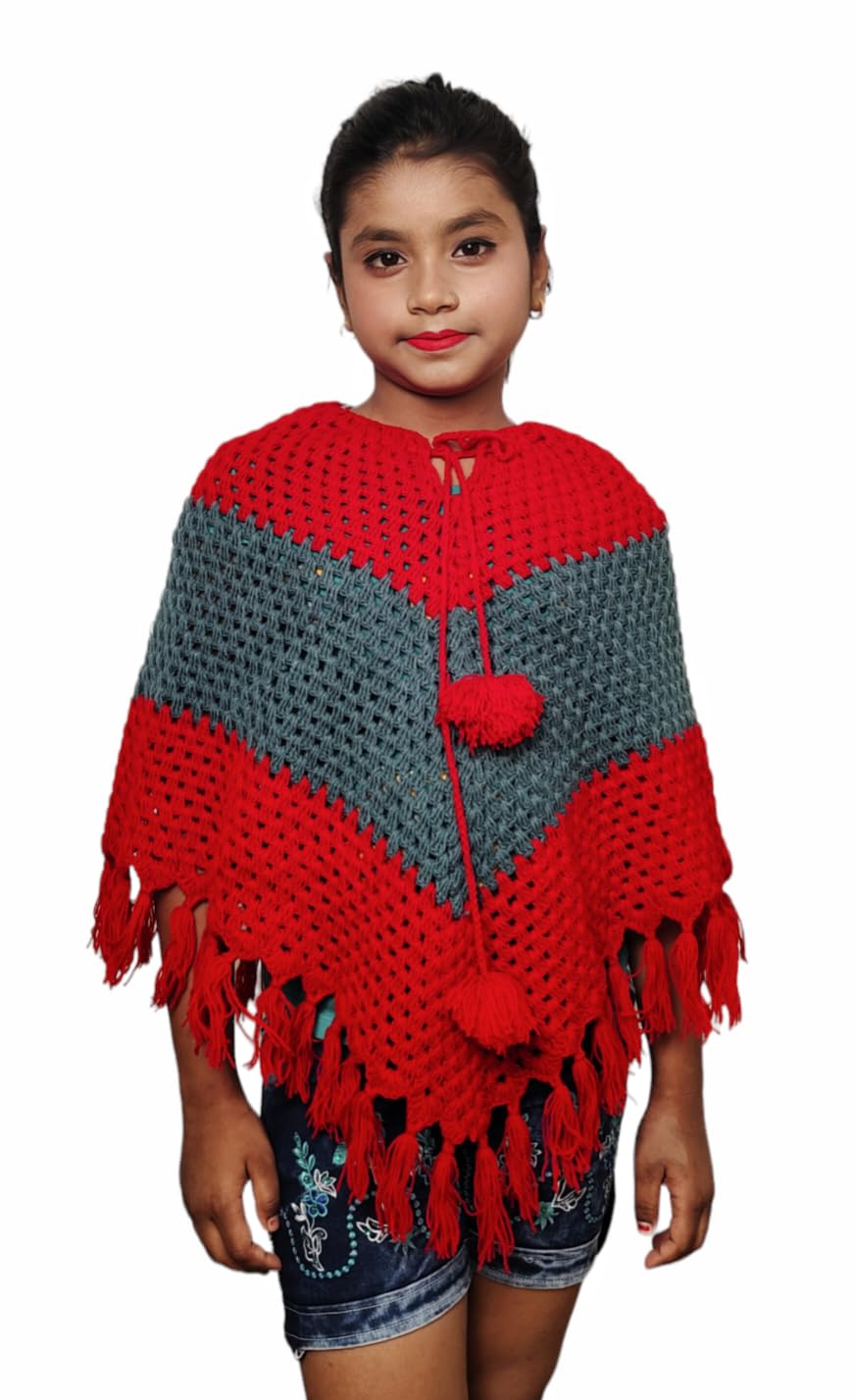 NILU CRAFT Girl Poncho Hand Knitted by Wool (13 to 14 Year, Grey and Red) - Image 2 thumbnail