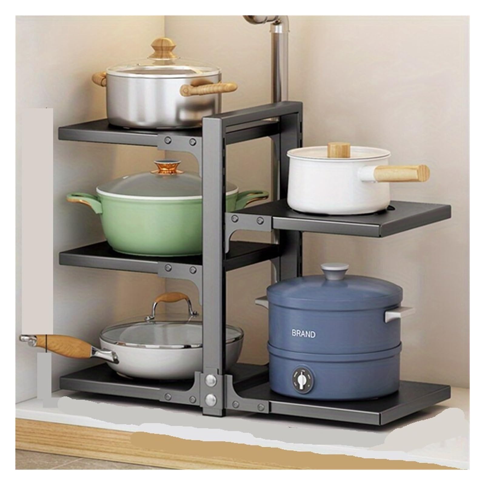 YXINAER Pots and Pans Organizer 5 Tier Pots Pans Organizer for Under Cabinet Adjustable Rustproof Storage for Big Stockpots Castiron Heavy Cookware(Black 1)
