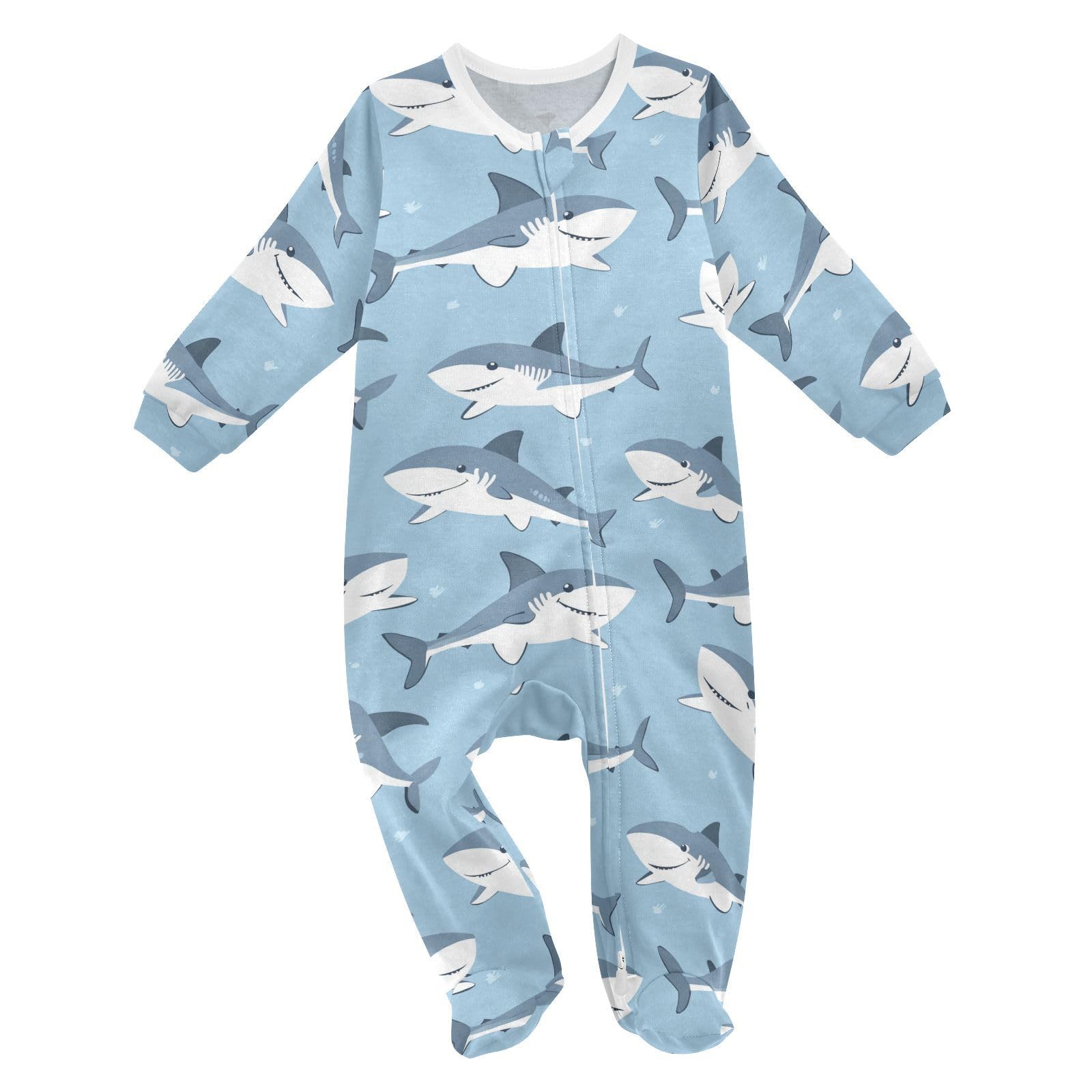Wusikd Cartoon Sharks One-Piece Footies Cute Bodysuit Rompers Zipper for Boys Girls 3M